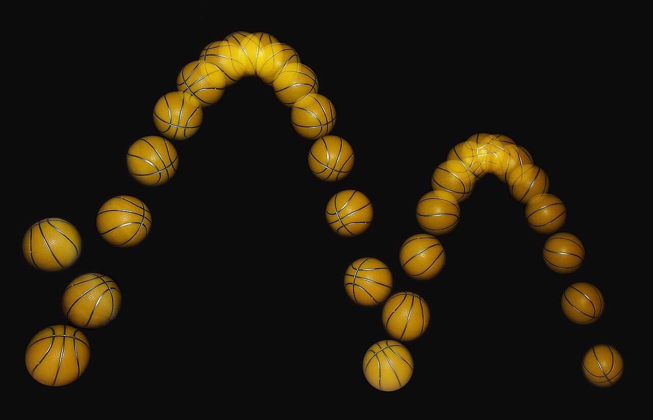A strobe photo of a bouncing ball, each bounce returns a little lower.