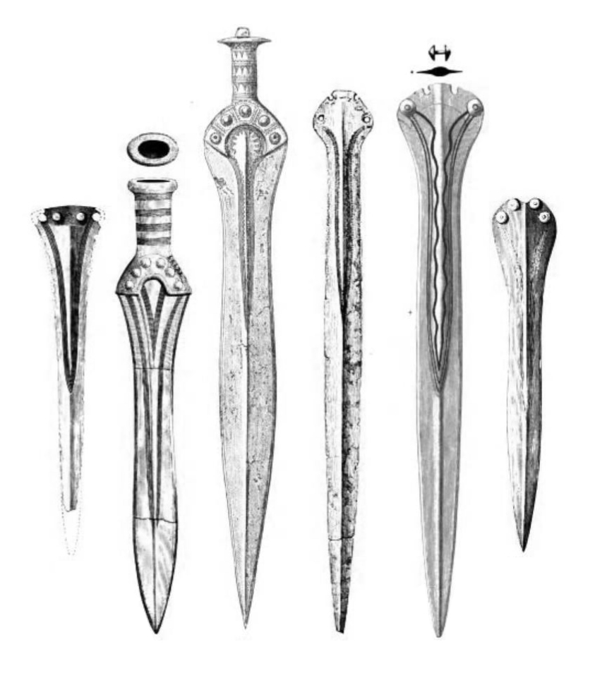 Six Bronze Age swords drawn side by side, made from copper blended with tin to give a metal far tougher than either on its own
