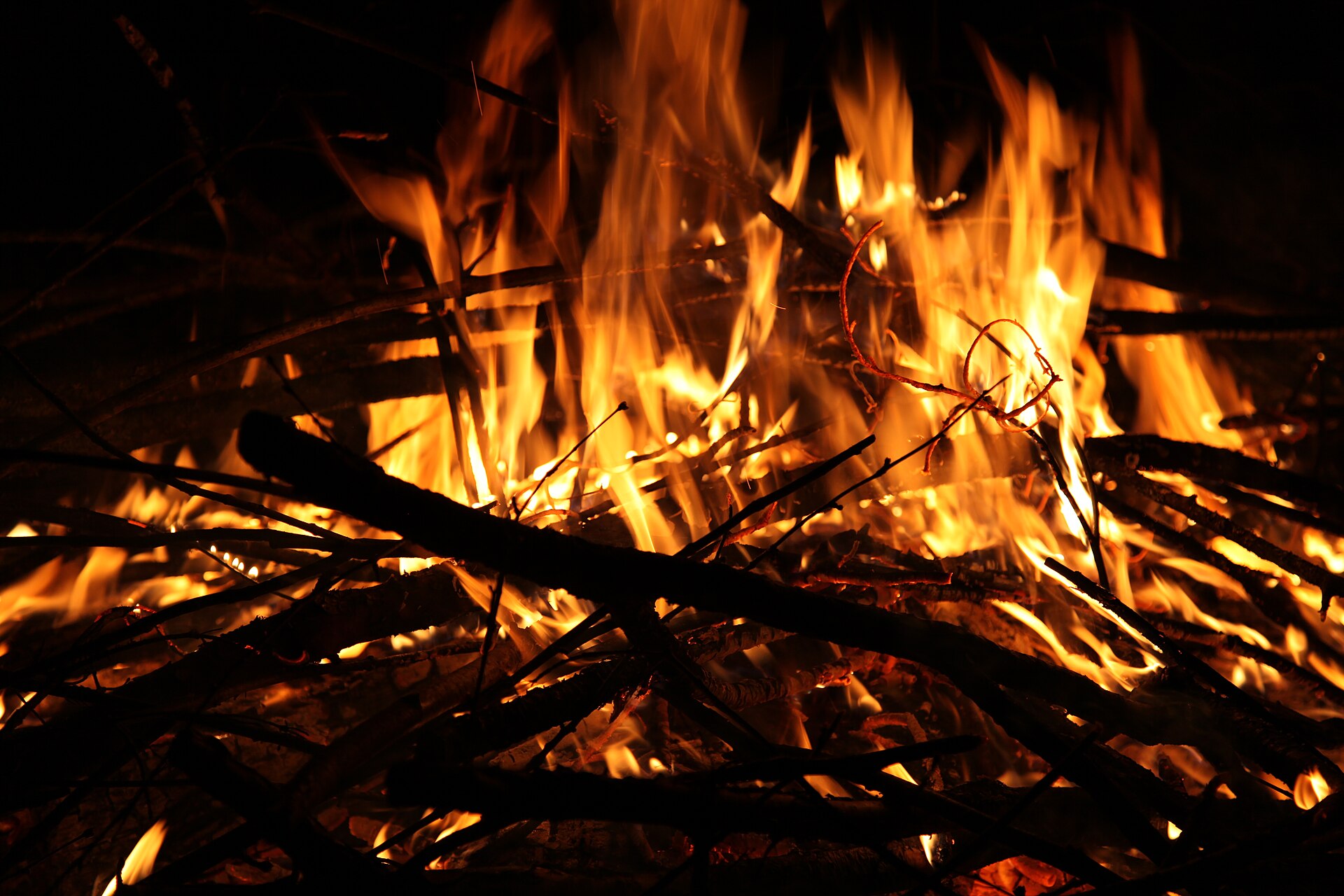 Tall orange flames rising through a criss-cross of burning branches at night