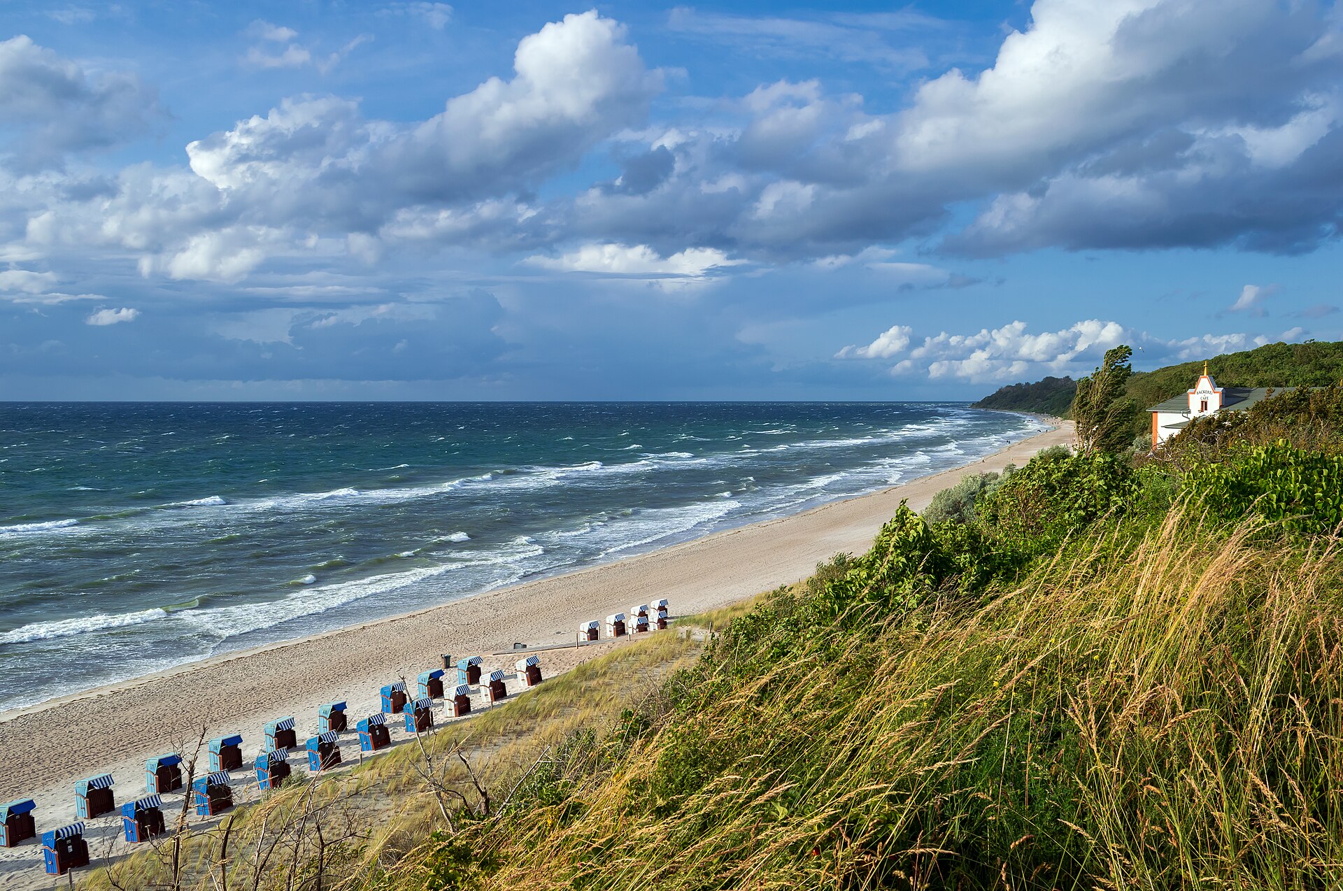 A wide sandy beach seen from a grassy dune, with the sea and breaking waves on one side and land, dunes and trees on the other.