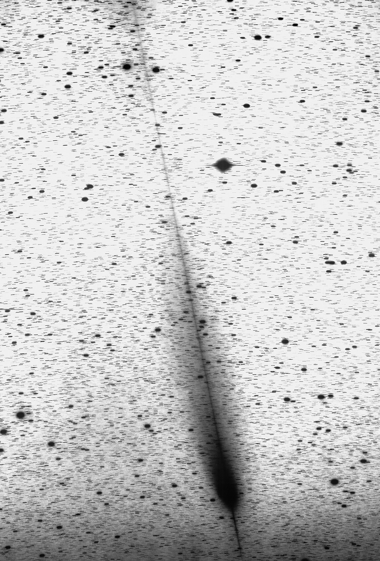 Comet Hale-Bopp with its glowing tails streaming away from the Sun.