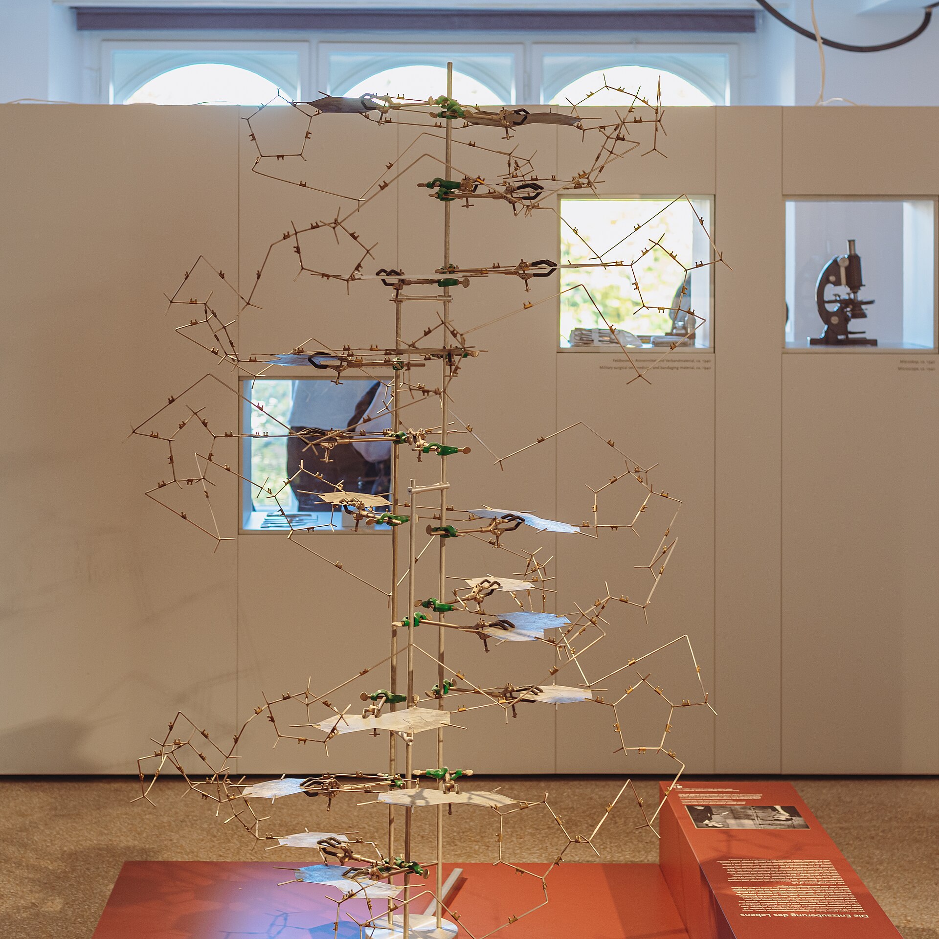 A large museum model of the DNA double helix, built from metal rods and clamps, standing in an exhibition hall.