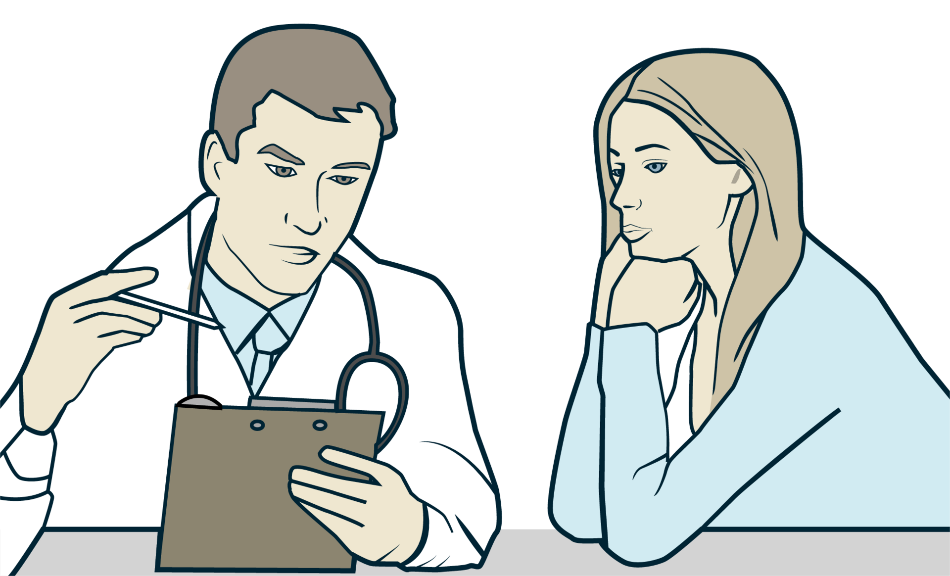 An illustration of a doctor in a white coat with a stethoscope talking to a patient across a desk.