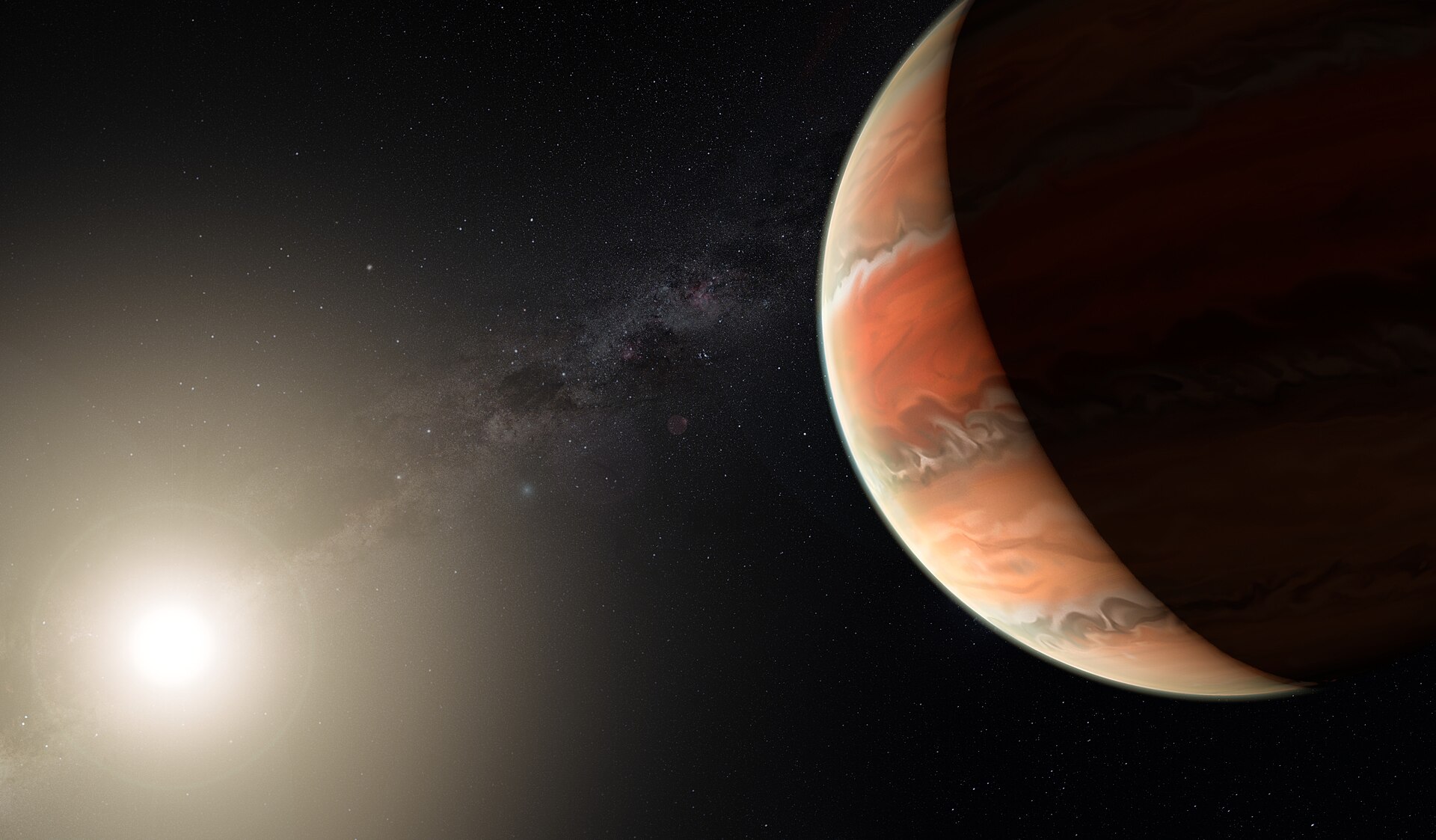 An artist's impression of a giant banded planet lit from the side by its star, the kind of world we detect from the tiny dip it makes in the starlight