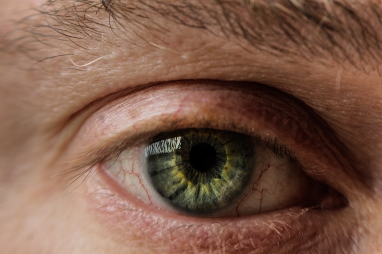 A close-up of a human eye, showing the coloured iris and the dark pupil that lets light into the eye.