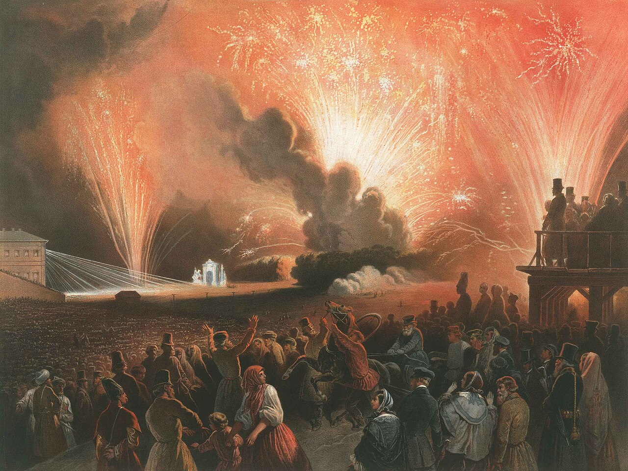 A firework bursting in coloured light against the night sky.