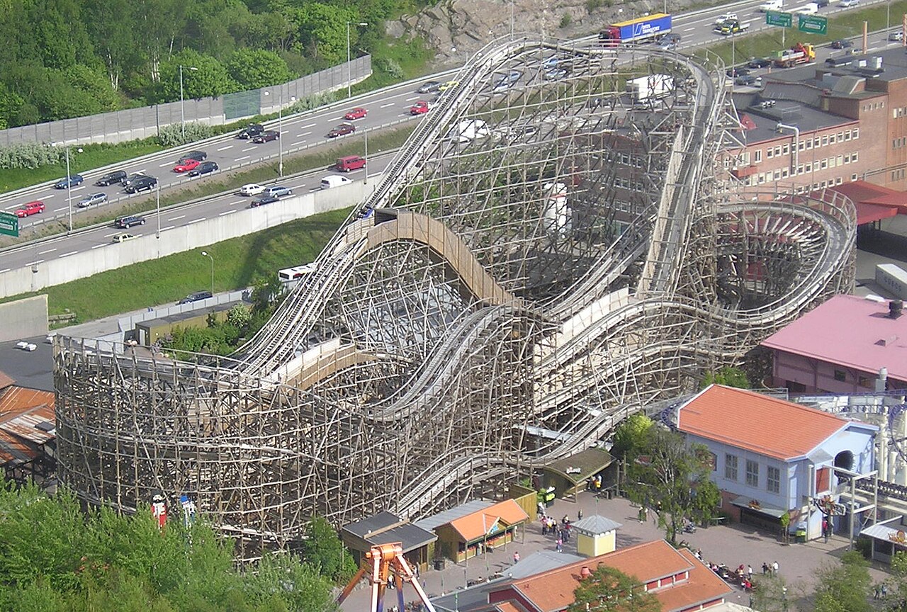 A rollercoaster's towering first hill, which stores the energy for the whole ride.