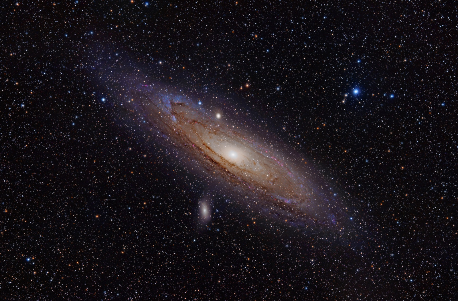 The Andromeda galaxy, a great spiral of stars with dust lanes and a bright core