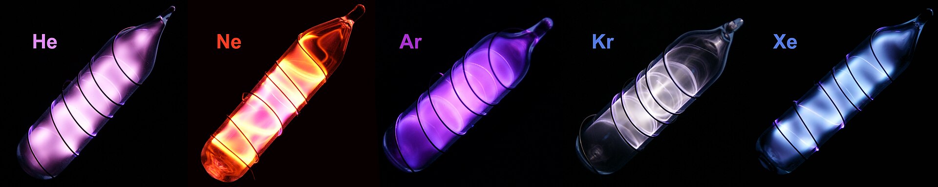 Five sealed tubes of gas glowing side by side, helium pink, neon orange, argon violet, krypton white and xenon blue, each its own unmistakable colour