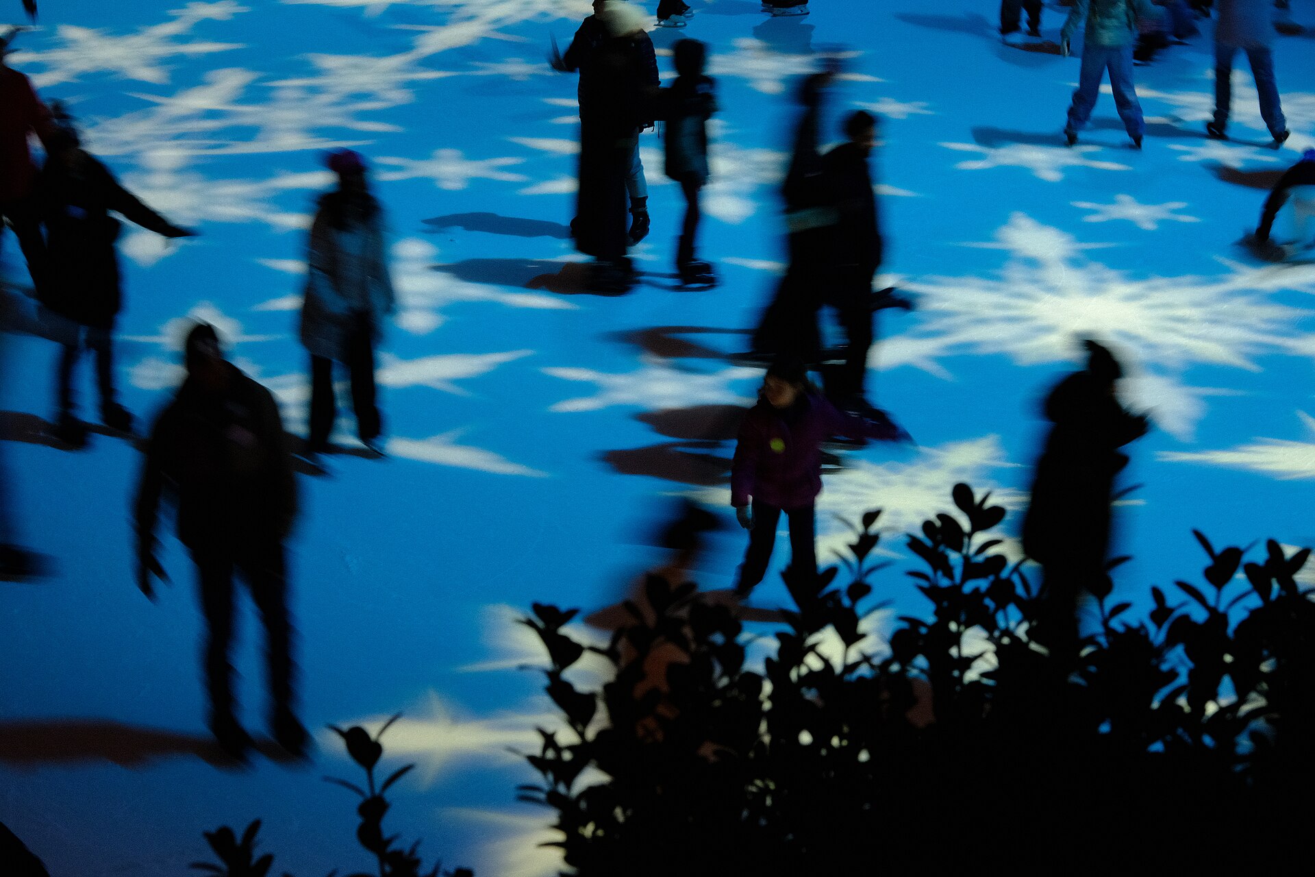 Skaters gliding across a floodlit outdoor ice rink at dusk, their long shadows stretching over patterns of light on the ice.