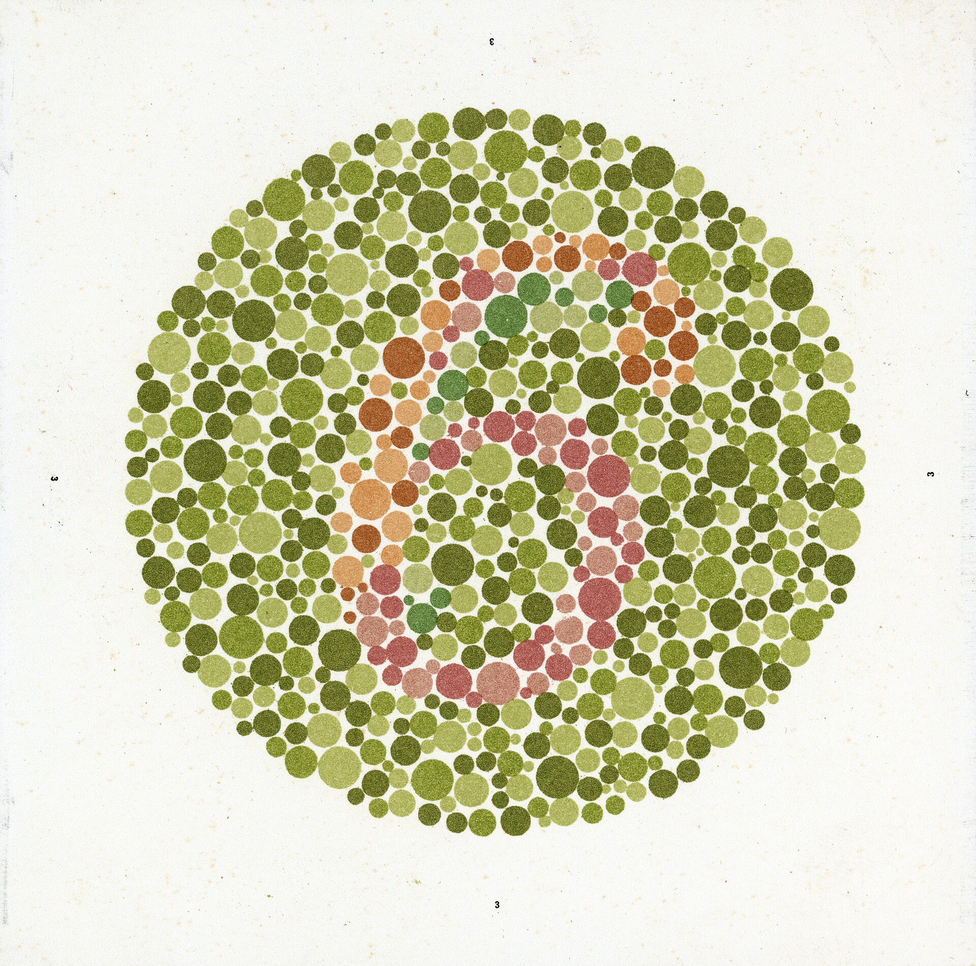 A colour vision test plate: a circle filled with green dots with a number picked out in red and orange dots of similar brightness.