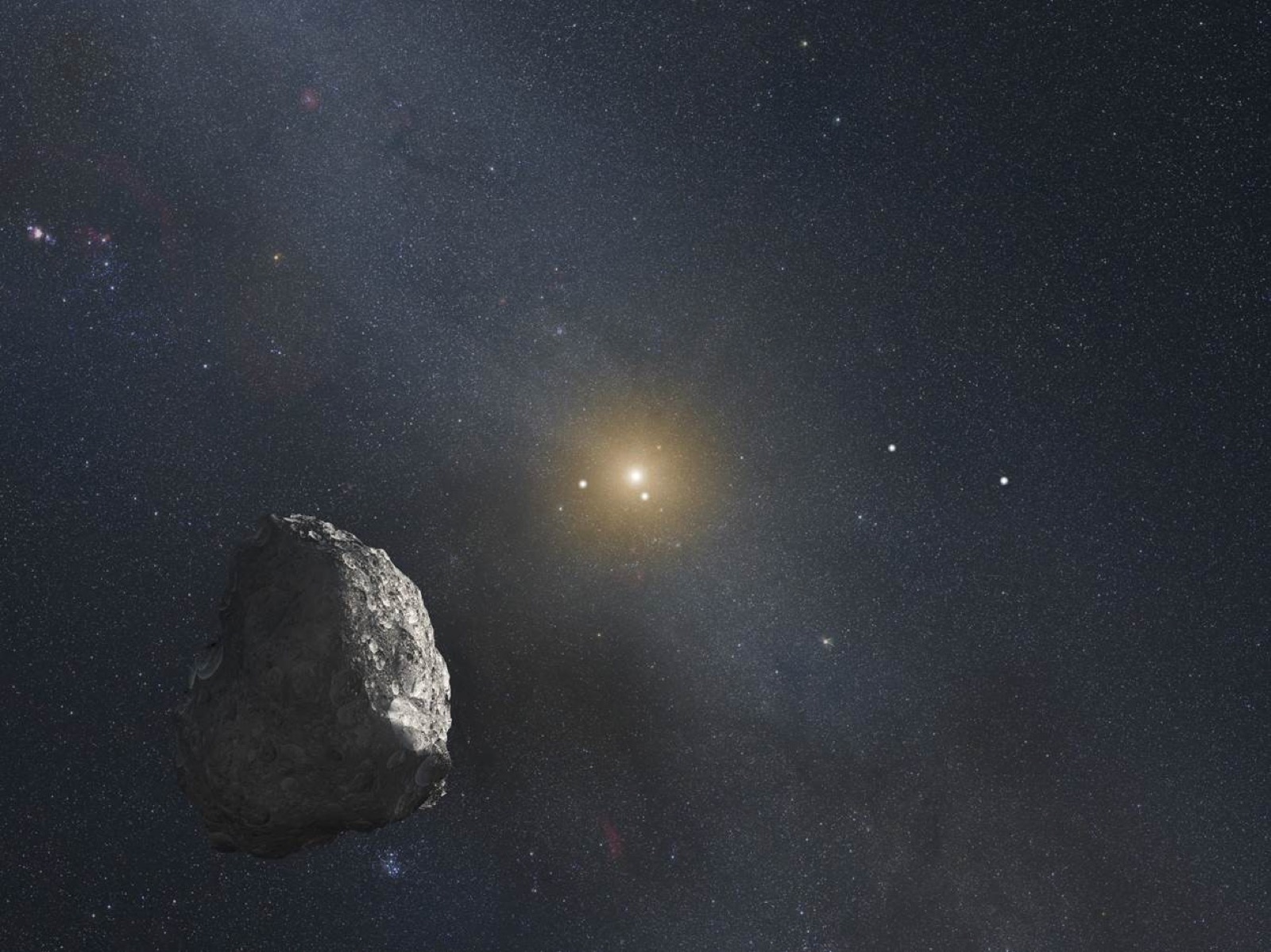 An artist's impression of an icy world far out in the Kuiper Belt, with the Sun shrunk to a bright distant star.