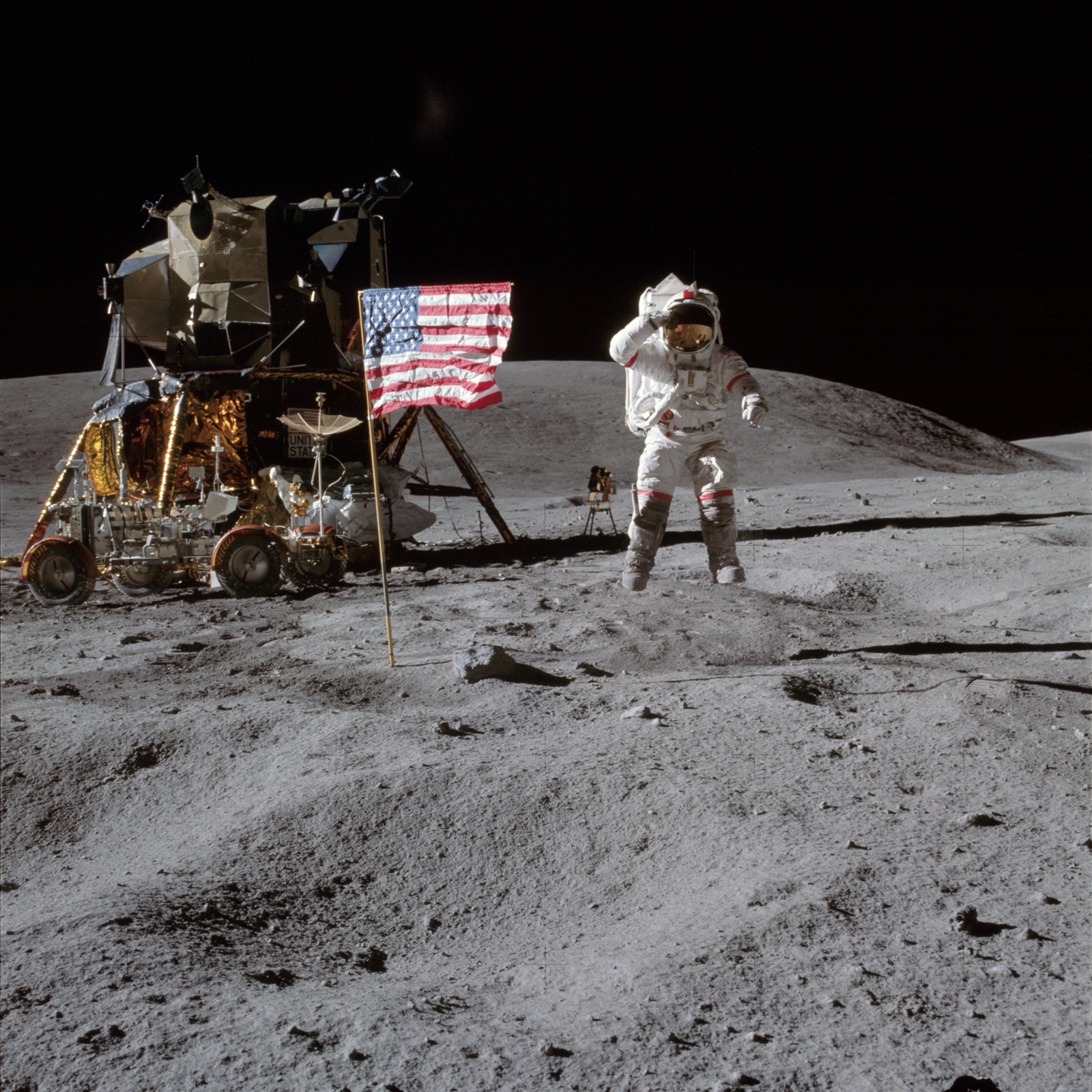 An Apollo astronaut leaping off the lunar surface in the Moons weak gravity beside the lander