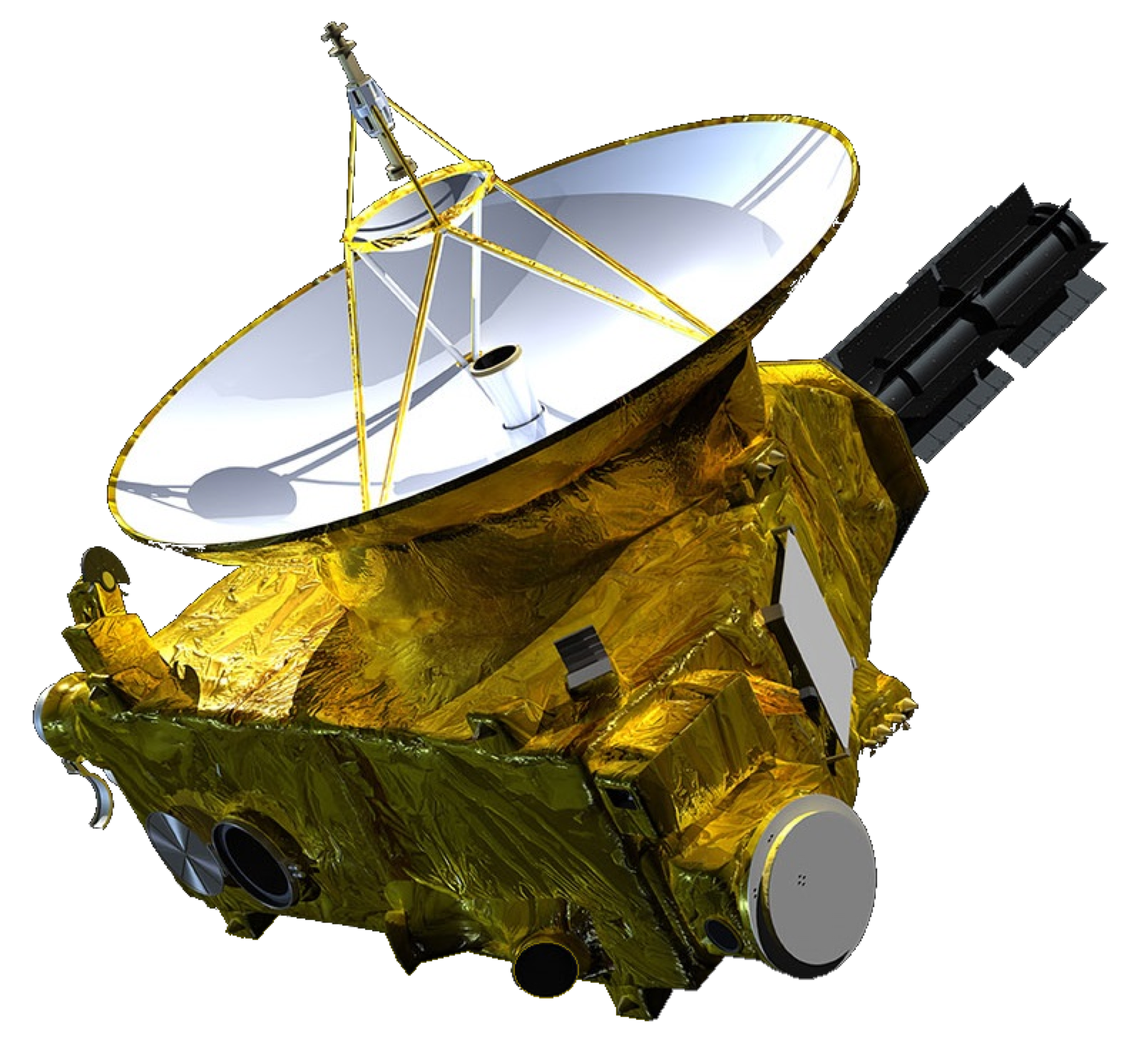 A model of NASA's piano-sized New Horizons spacecraft, with its large gold dish antenna, that flew past Pluto in 2015.