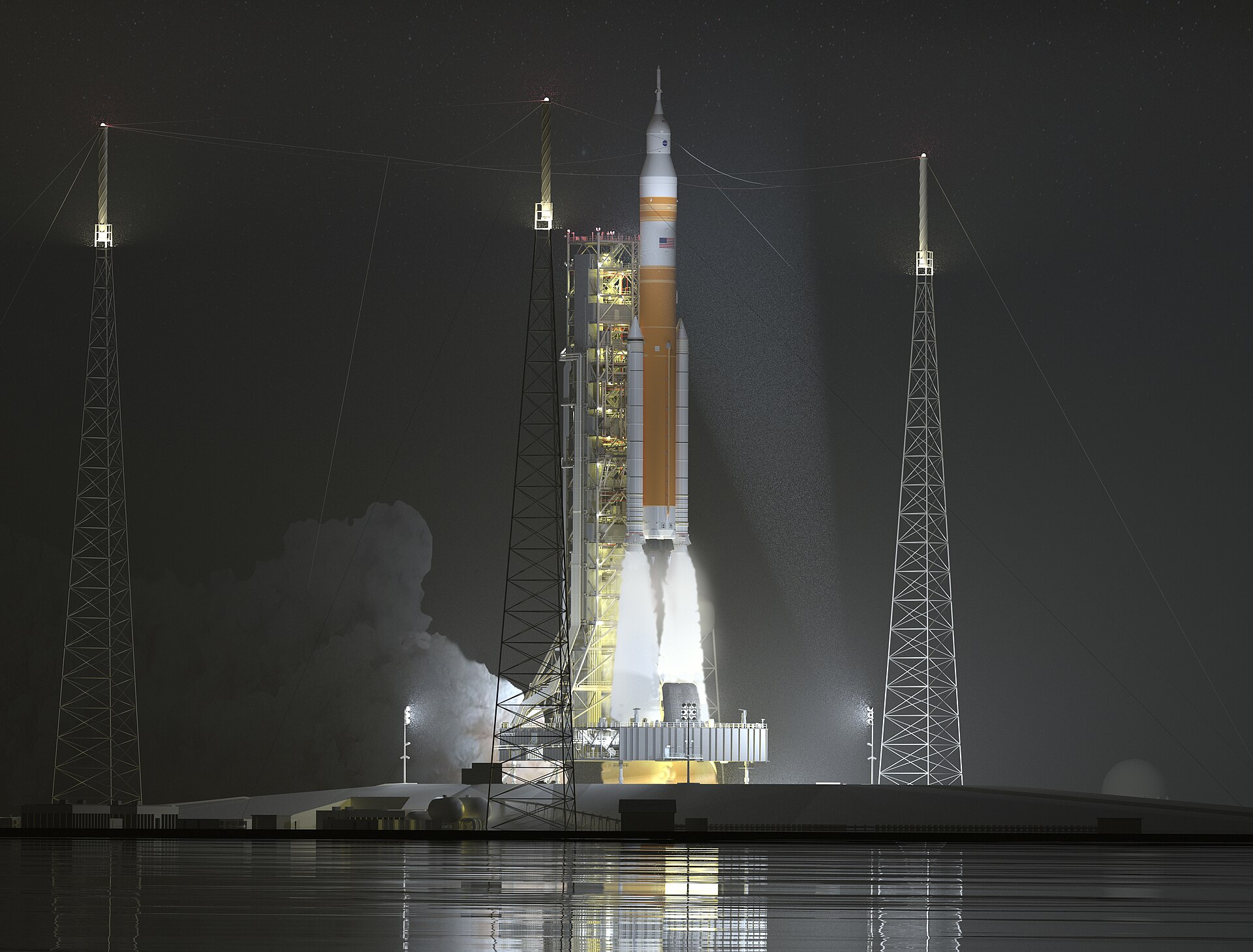 A rocket lifting off its launch pad at night in a blaze of light and steam, the moment a traveller starts feeling the push that their twin at home never will