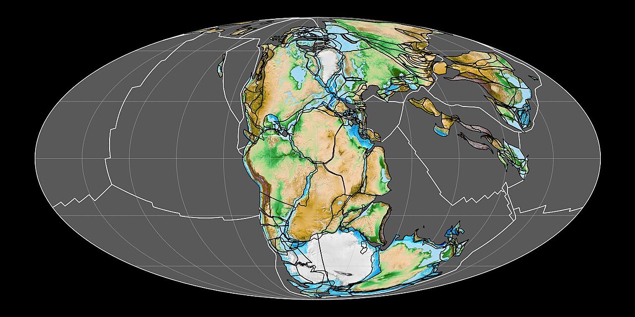 A map of the Earth 200 million years ago showing the continents joined together into the single supercontinent Pangaea