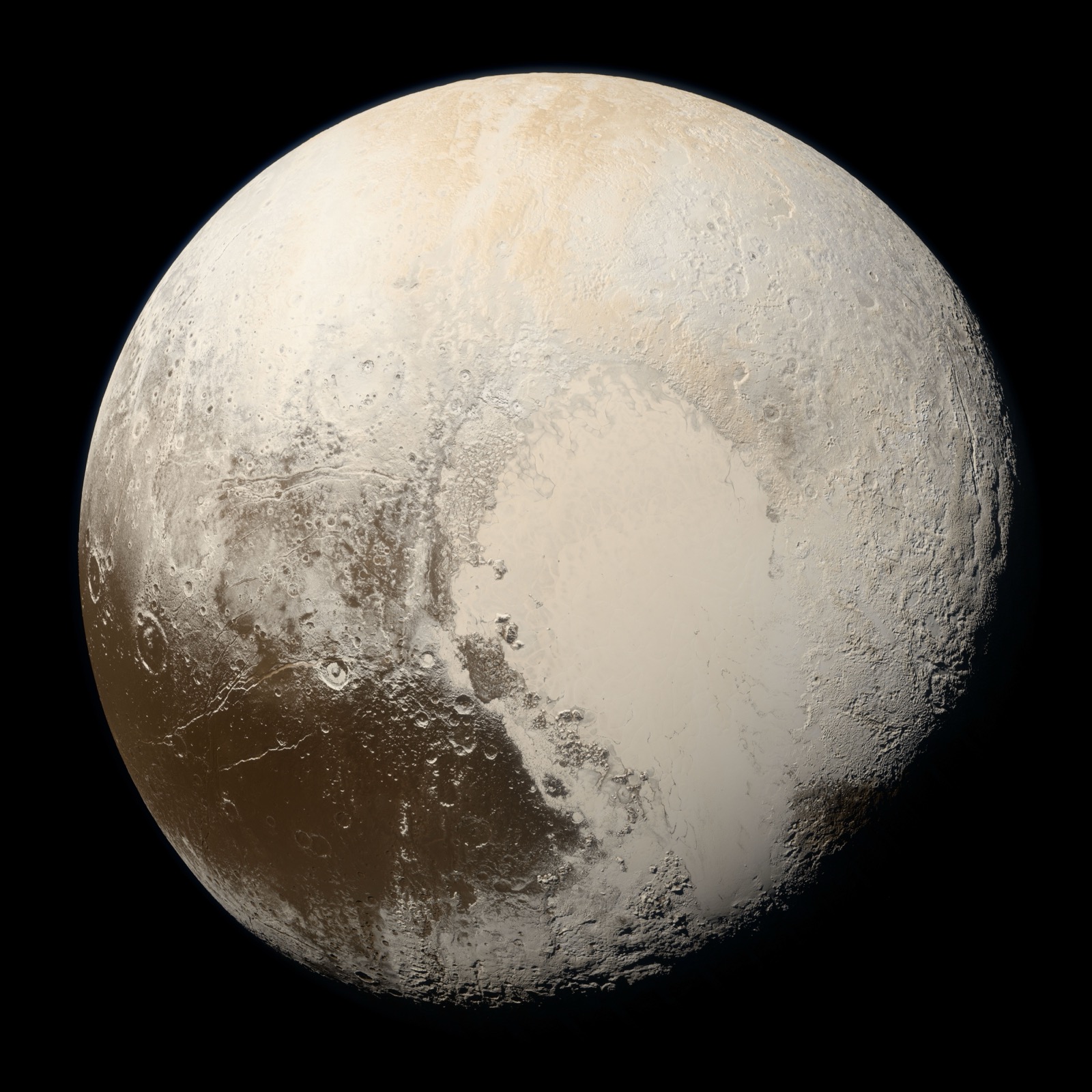 Pluto in true colour, photographed by NASA's New Horizons spacecraft, showing its famous heart-shaped pale plain.