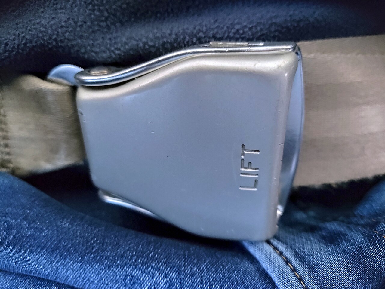 A fastened seatbelt buckle