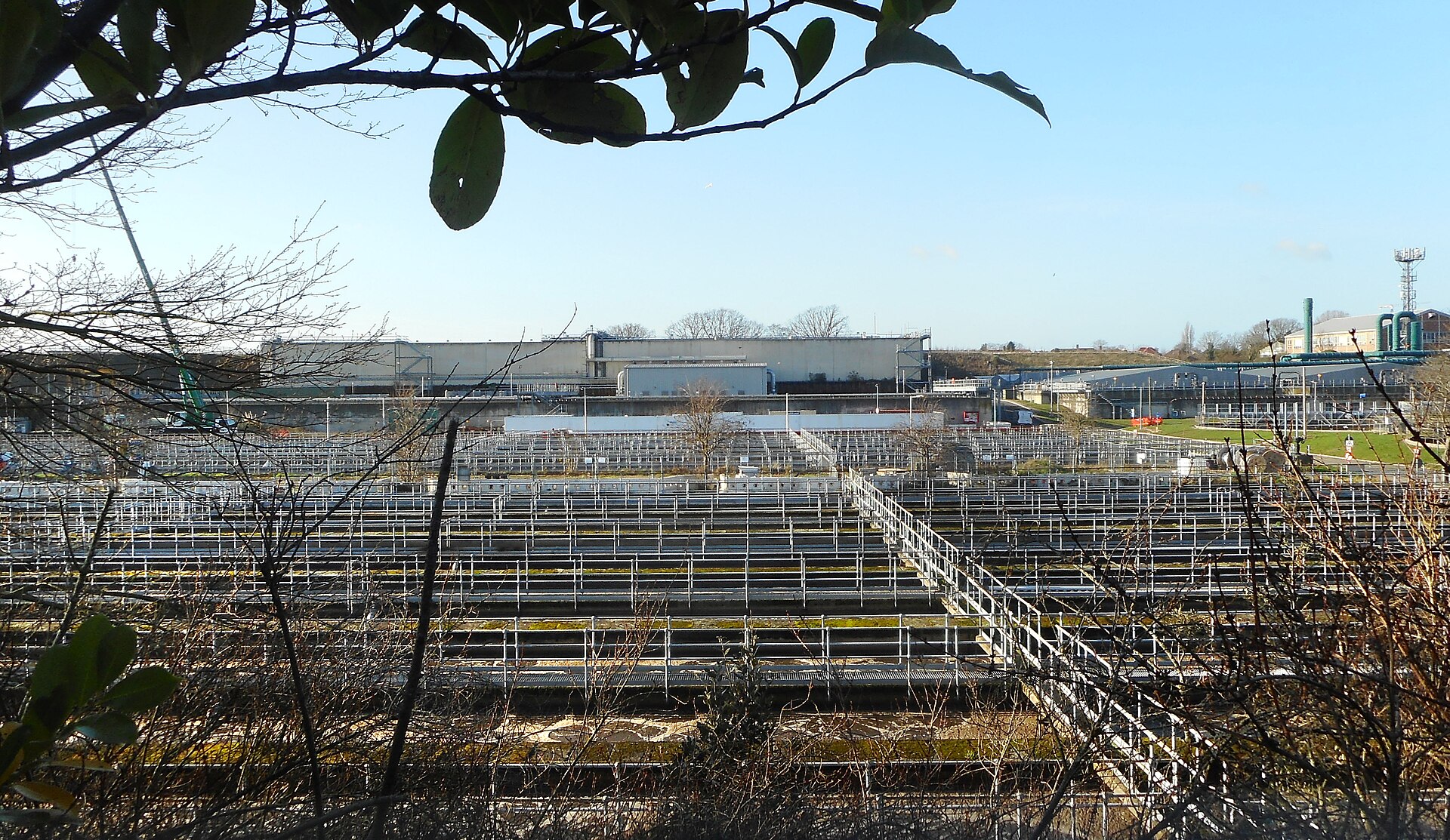 Rows of long open treatment lanes at Mogden sewage works in London, walkways criss-crossing above the tanks