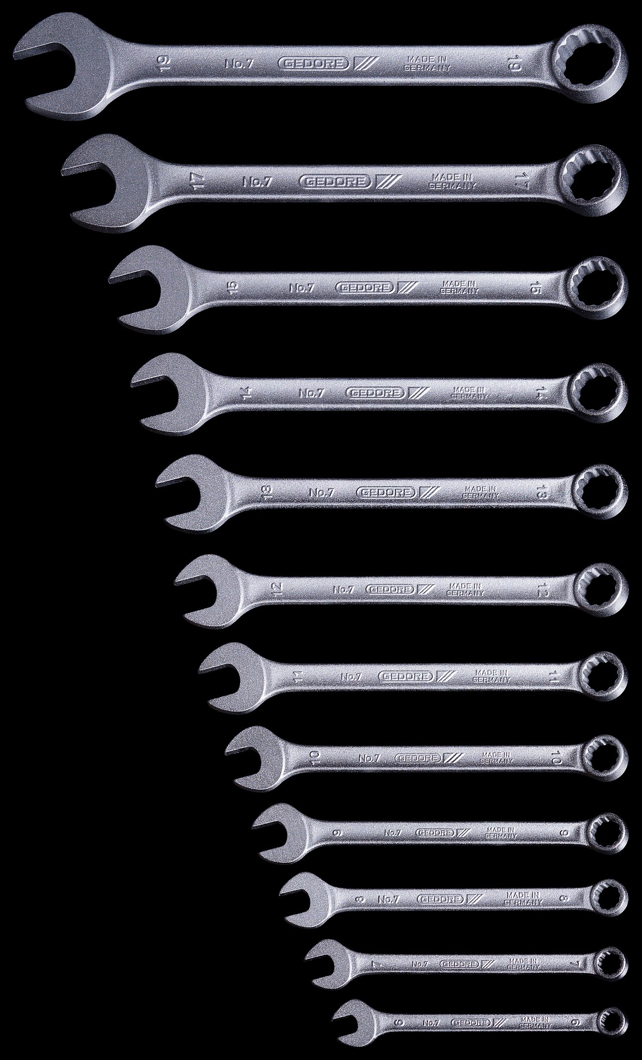 A set of combination spanners laid out in order, from a very short one up to a much longer one
