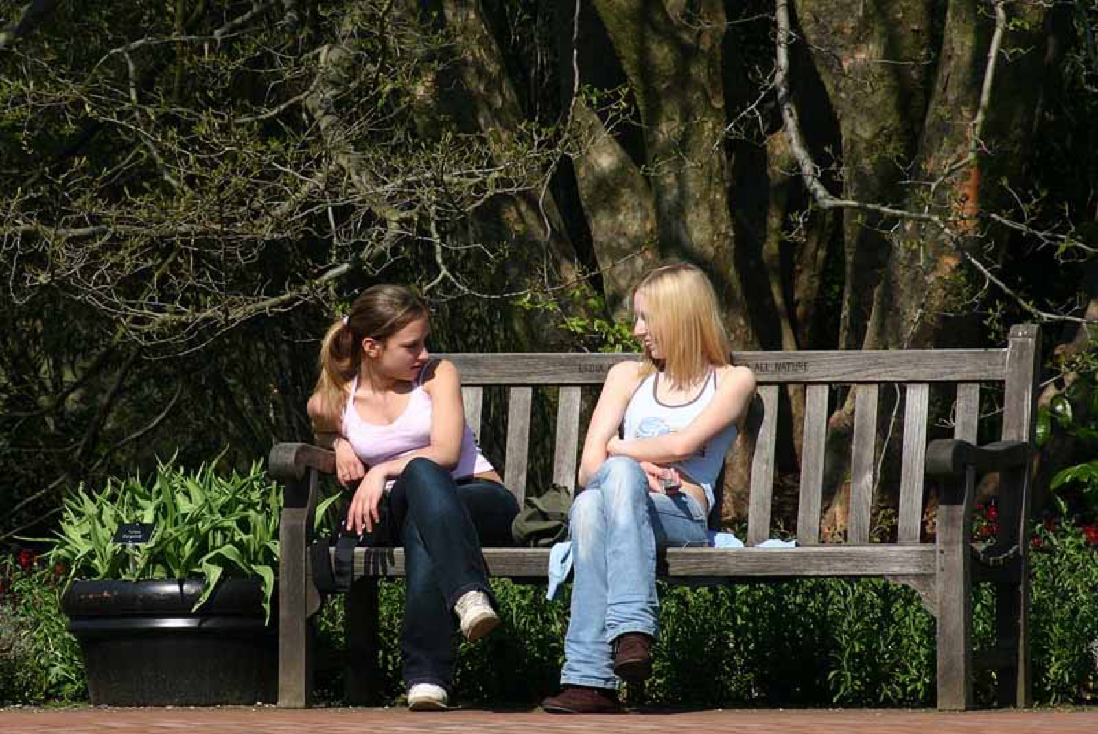 Two girls sitting and chatting on a wooden bench in bright summer sunshine in a garden.