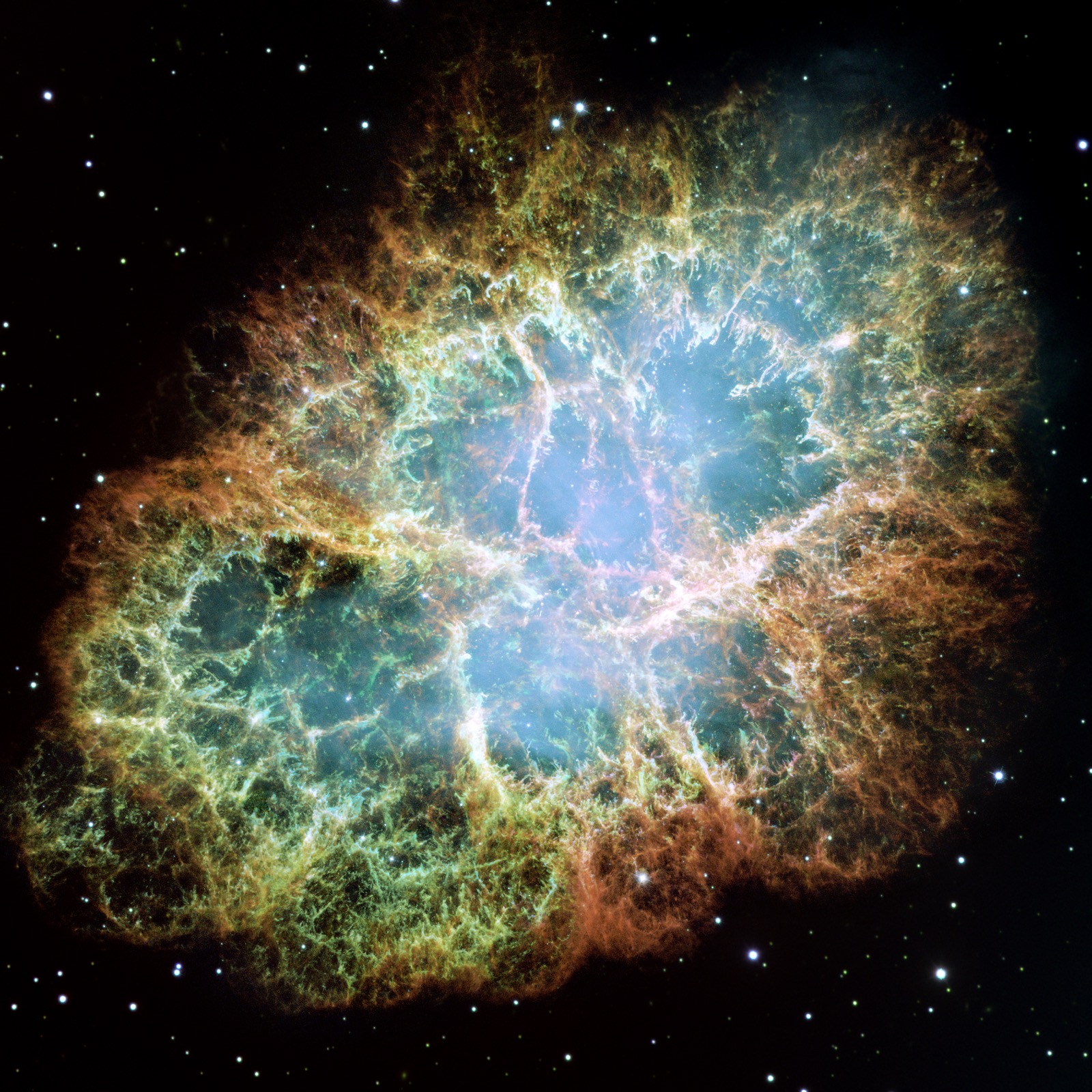 The Crab Nebula, the glowing wreckage of a star that exploded as a supernova.