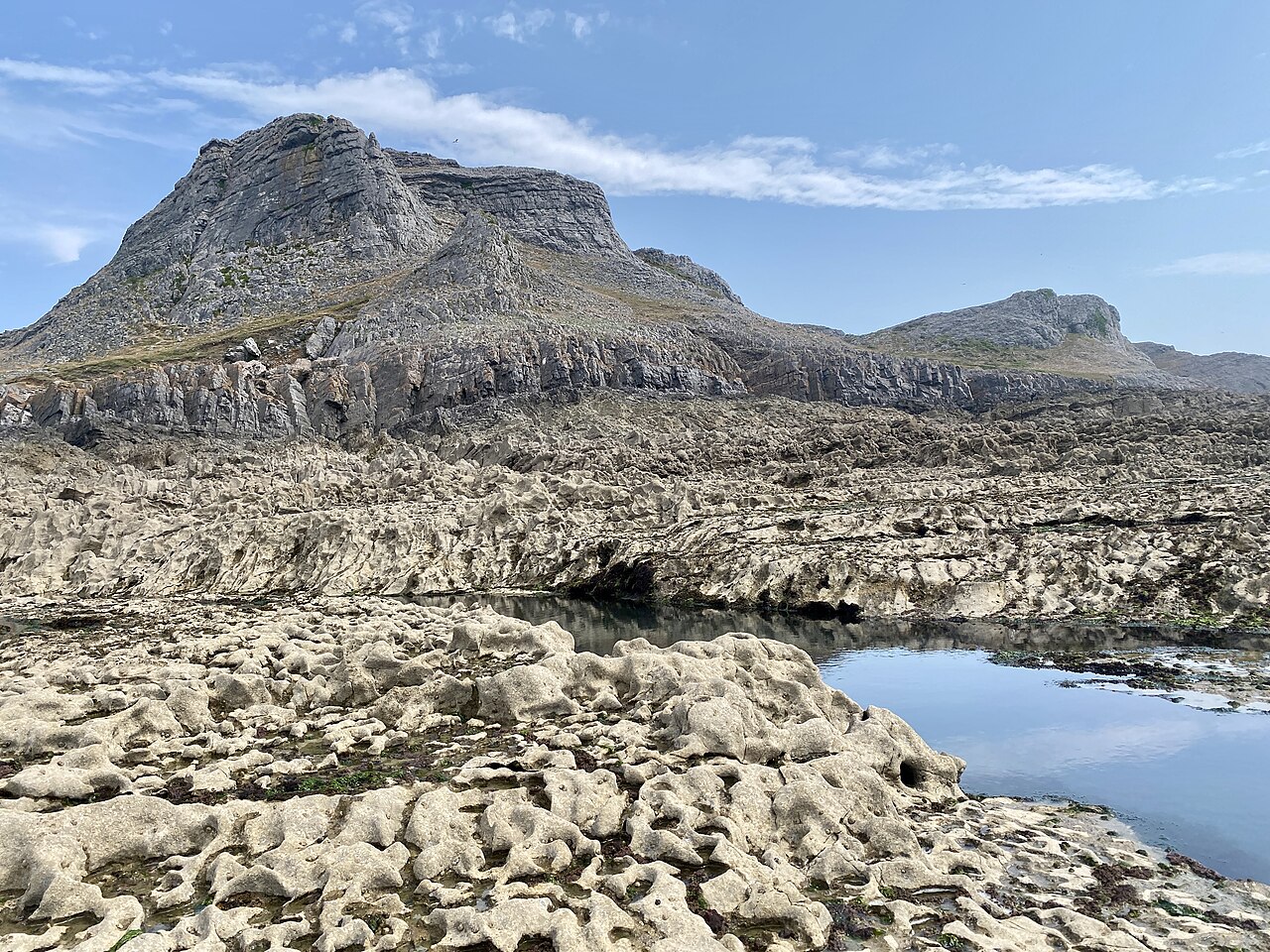 A coastline exposed at low tide