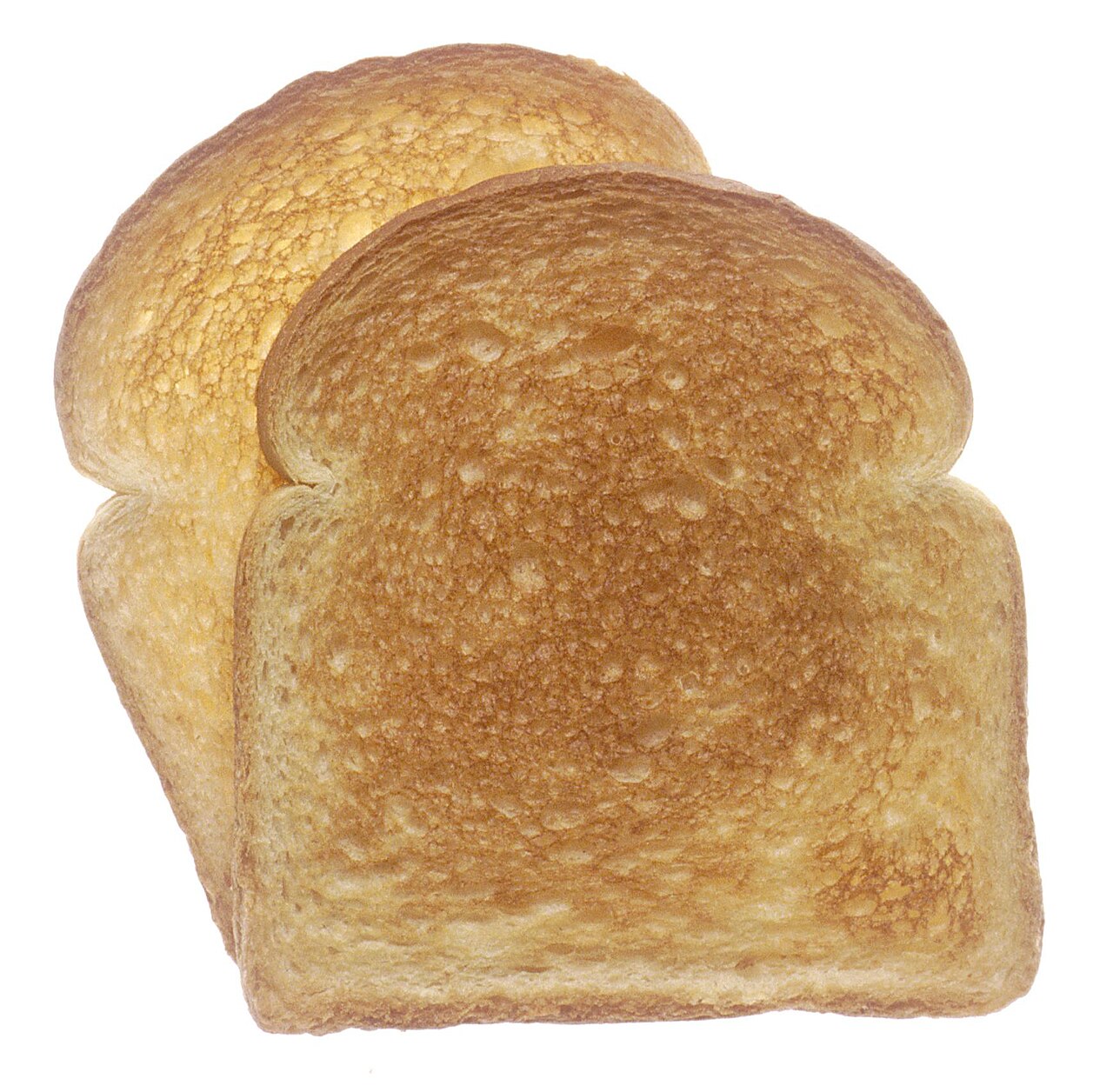 Two slices of white bread toasted to a mottled golden brown, against a plain background